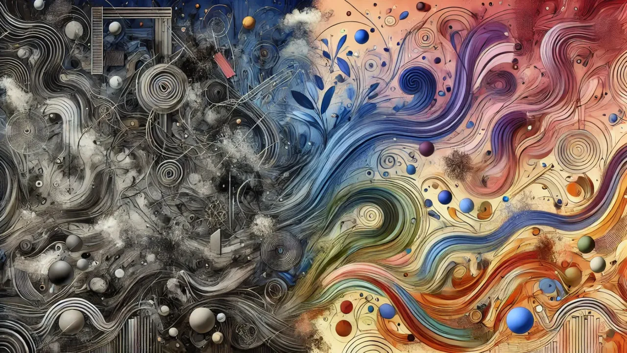 An abstract composition split between a tangled monochrome swirl of wires and spirals on one side and a vivid flowing wave of blue, purple, orange, and red ribbons on the other.