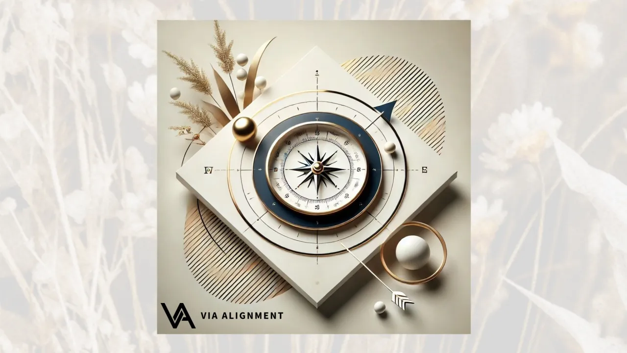 A star-dial compass rests on a diamond-shaped platform surrounded by dried grasses, gold spheres, and a radial line pattern, with the Via Alignment logo below.
