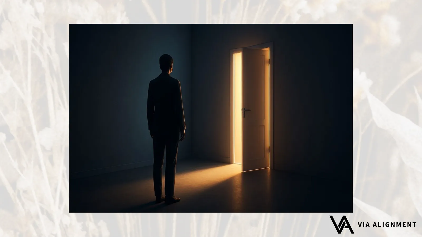 A silhouetted figure stands in a dark room facing a single door slightly ajar, with warm light spilling through the gap.