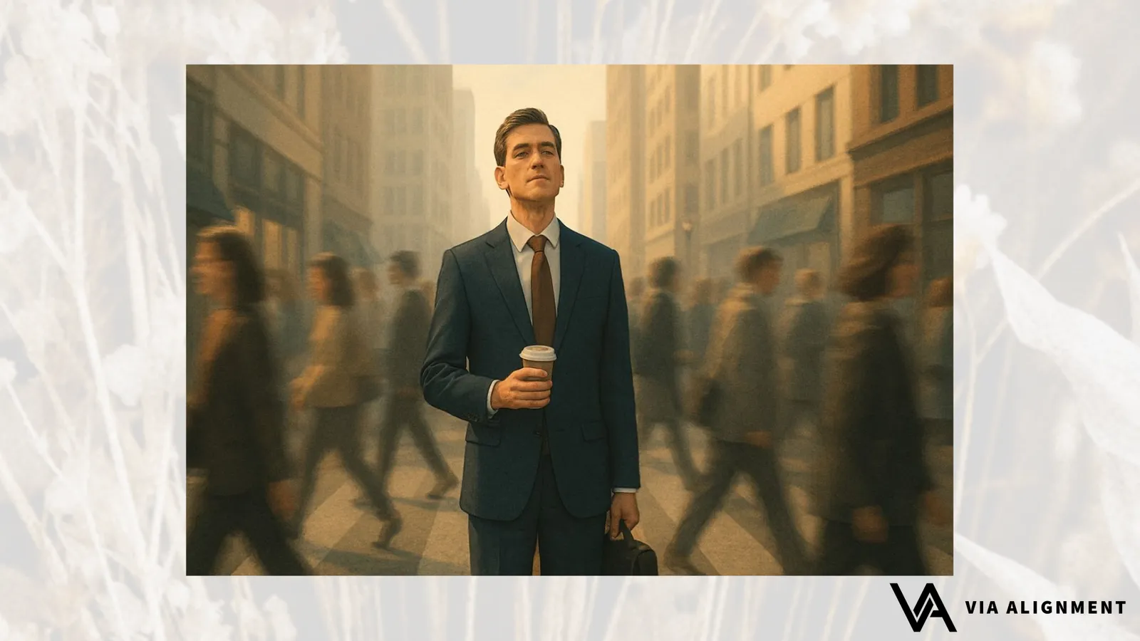 A man in a suit stands still holding a coffee cup as a blurred crowd of pedestrians rushes past him on a city crosswalk.