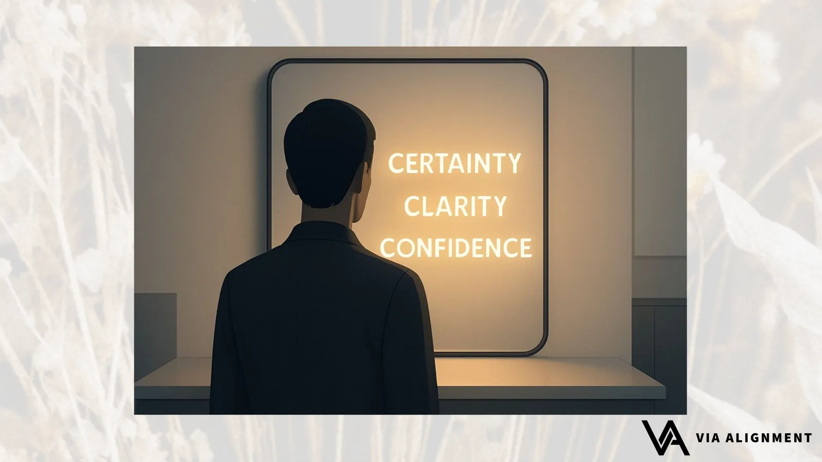 A man seen from behind stands facing an illuminated panel that reads "Certainty," "Clarity," "Confidence."