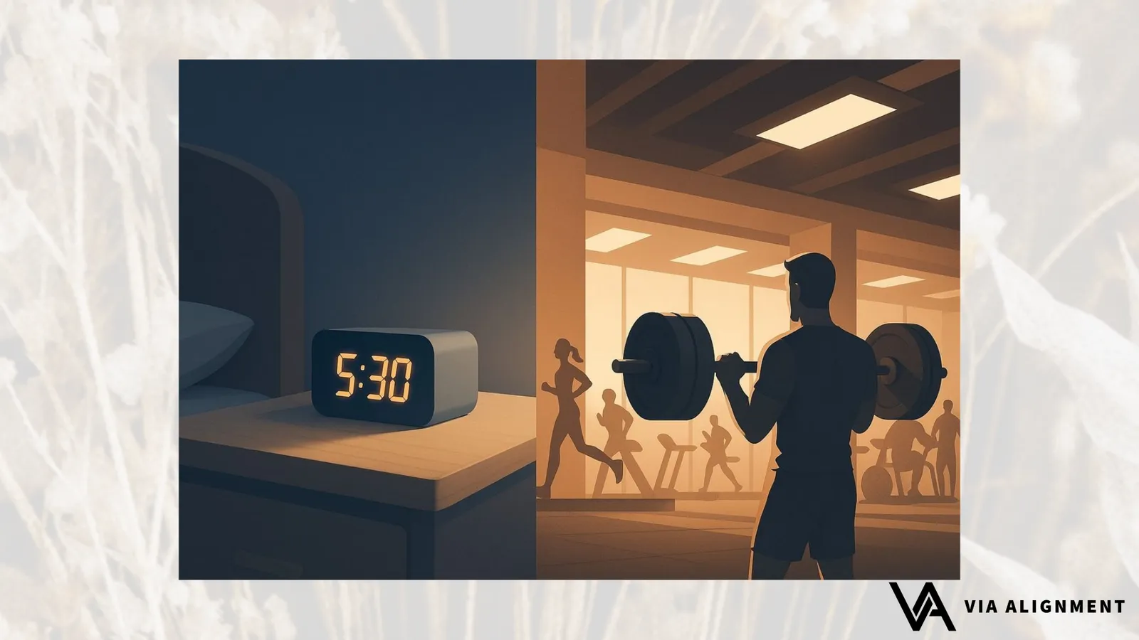 A split scene: a digital alarm clock reading 5:30 glows on a dark nightstand beside a warm-lit gym where a man lifts a barbell among other people exercising.