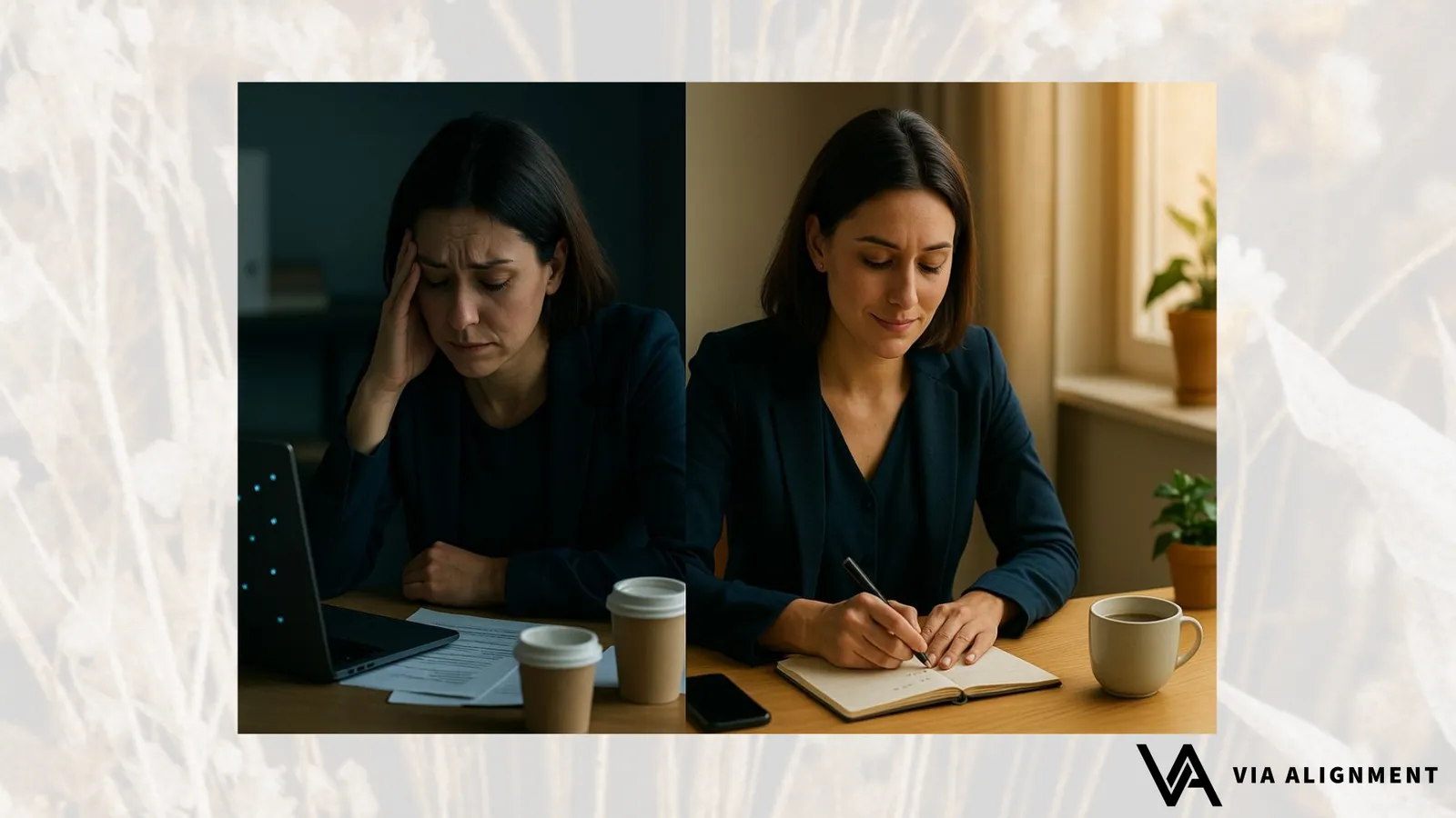 Two side-by-side photos of the same woman at a desk: first stressed with her hand on her temple beside coffee cups, then calm while writing in a notebook.