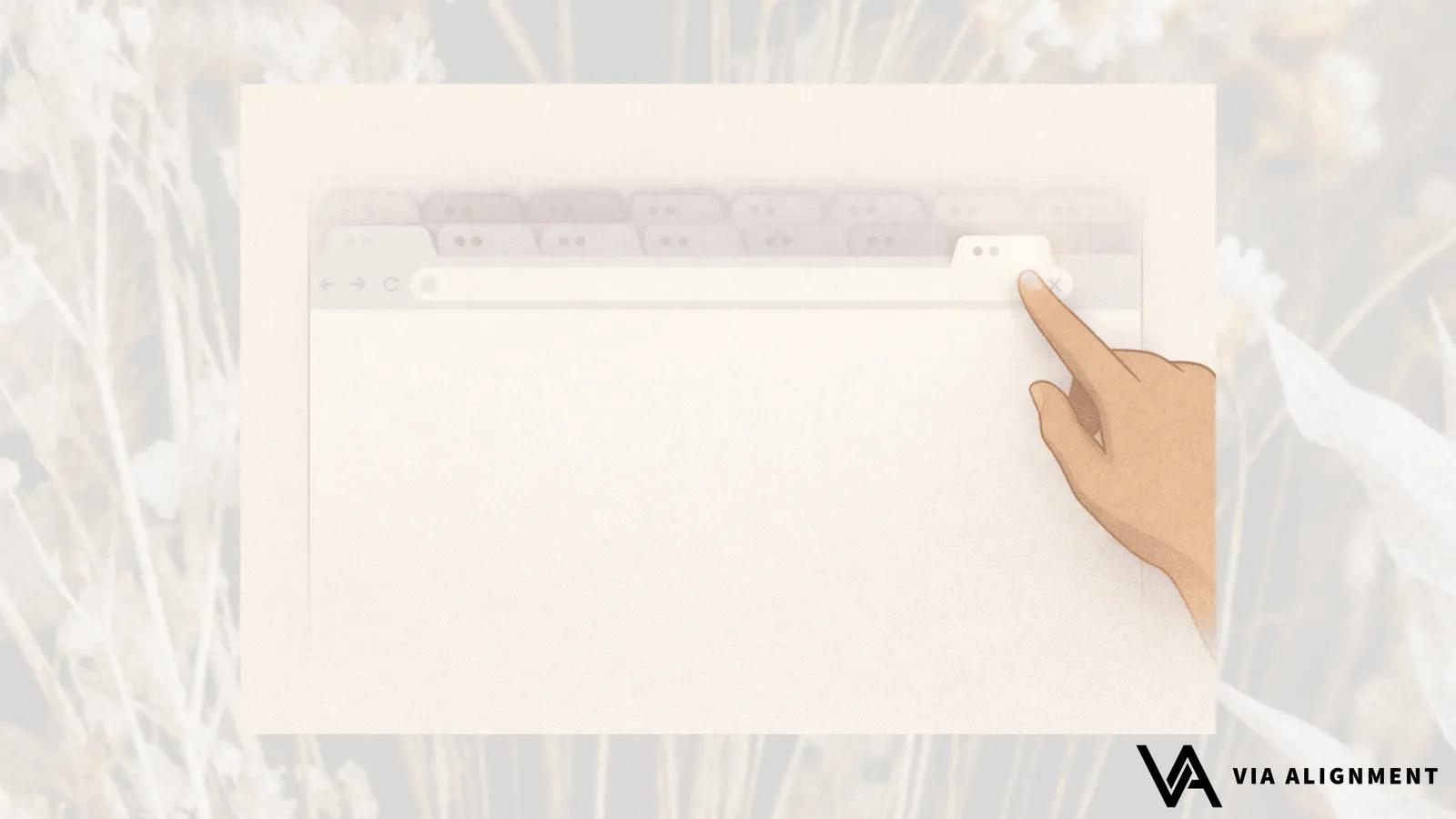A hand reaching toward the close button of one browser tab among many open tabs in a web browser window.
