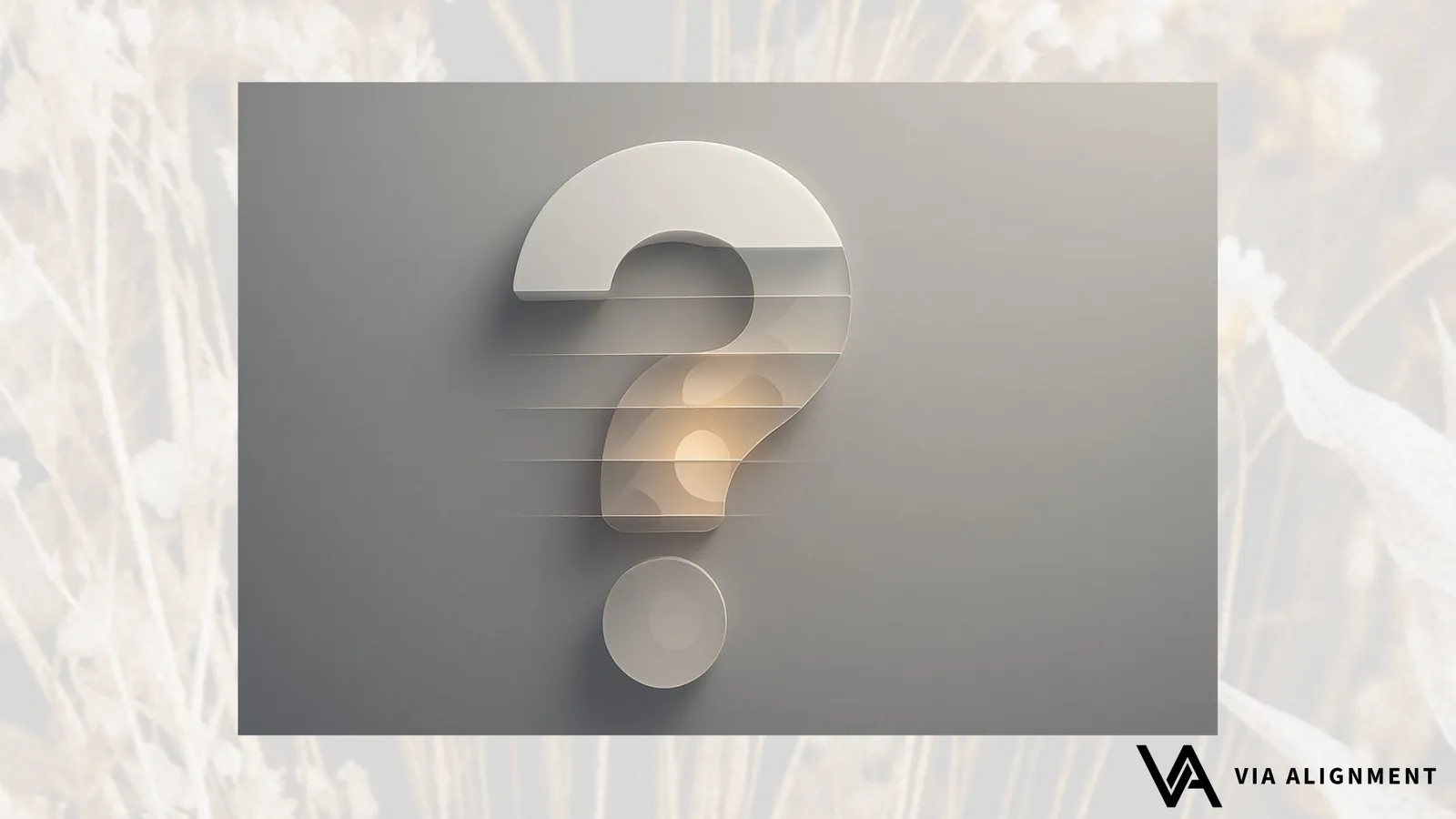 A large 3D question mark rendered in segmented layers with a warm glow at its center, set against a plain grey background.