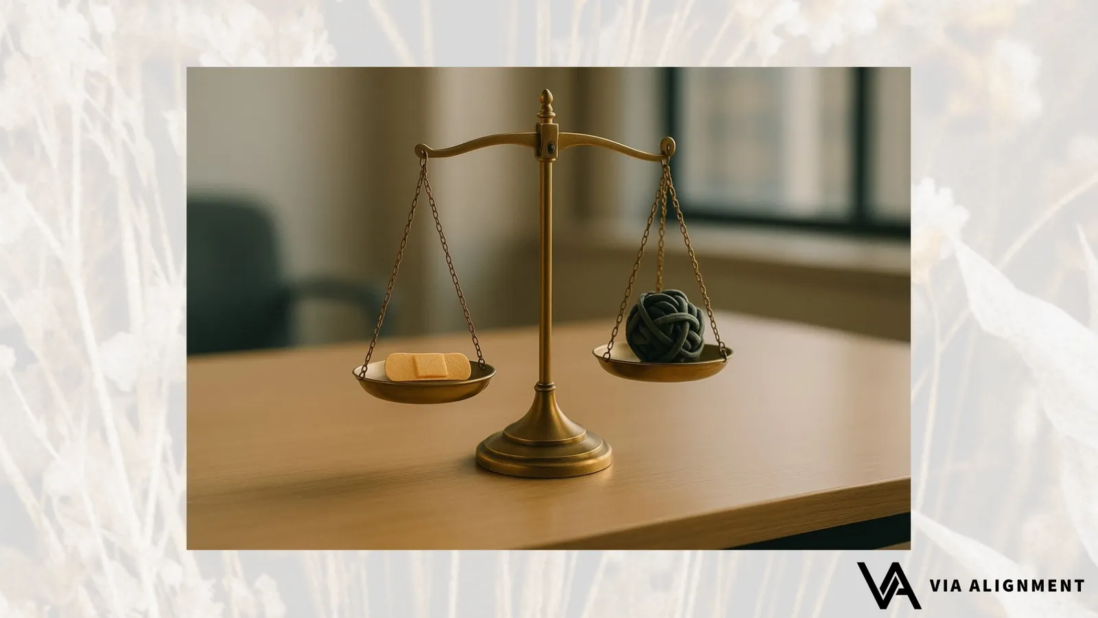 A small brass balance scale weighs a bandage on one side against a tangled ball of dark rope on the other.