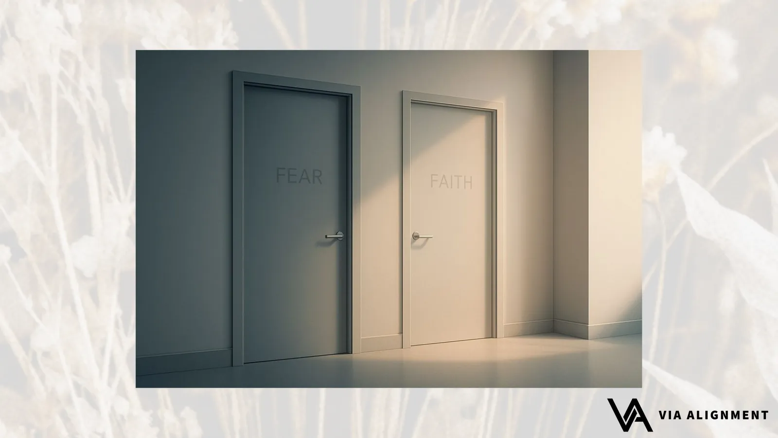 Two doors side by side, one dim and labeled "Fear," the other sunlit and labeled "Faith."
