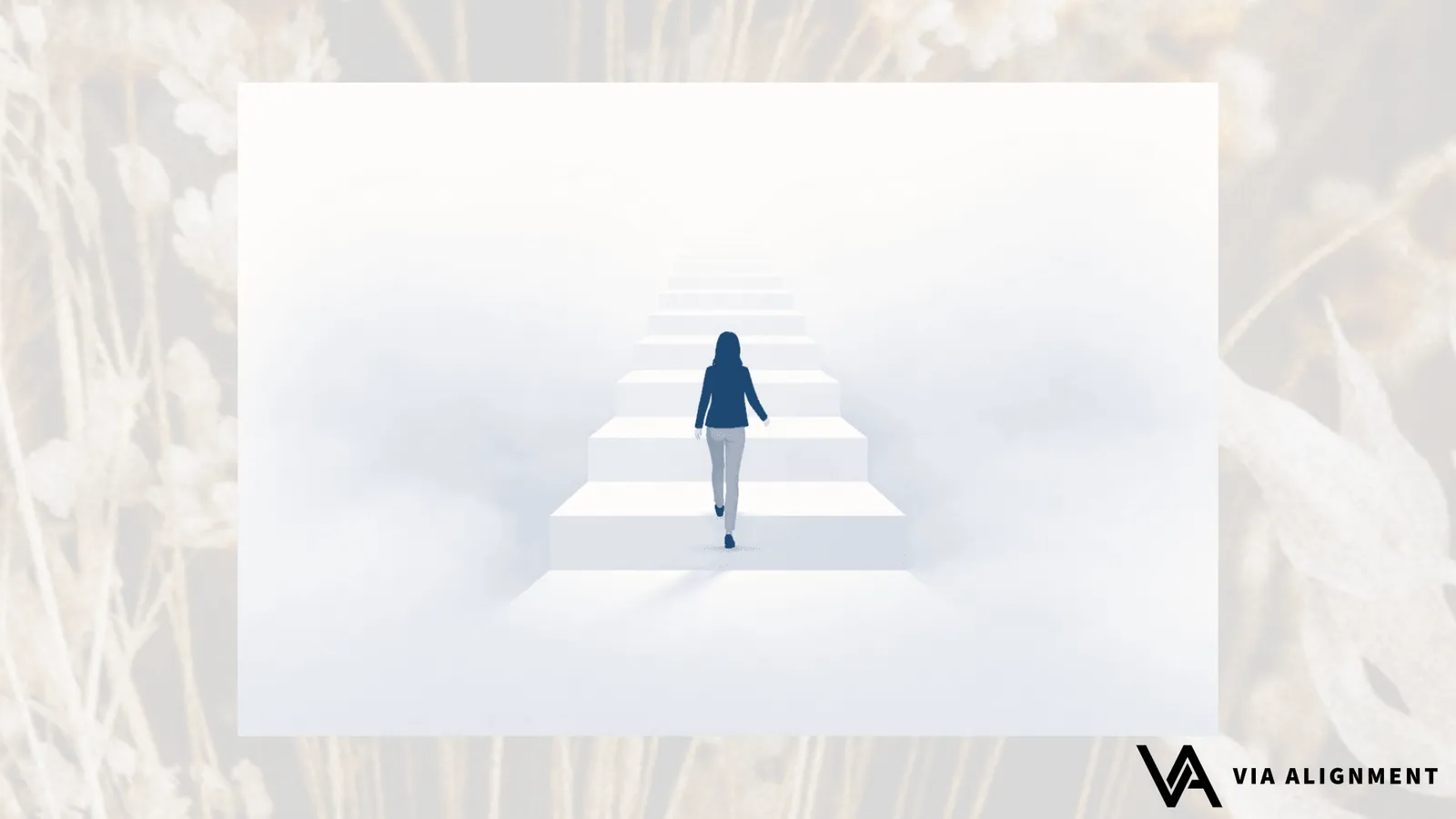 A woman in silhouette climbs a staircase that fades into white mist just ahead of her.