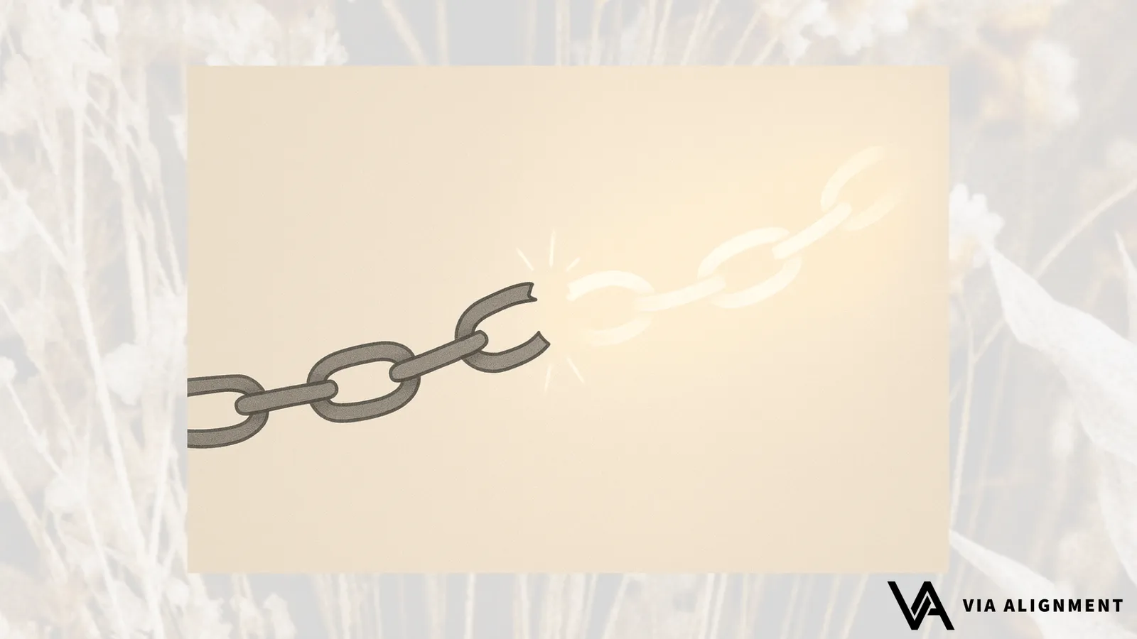 An illustrated metal chain breaks open at one link, its severed end dissolving into glowing golden light.