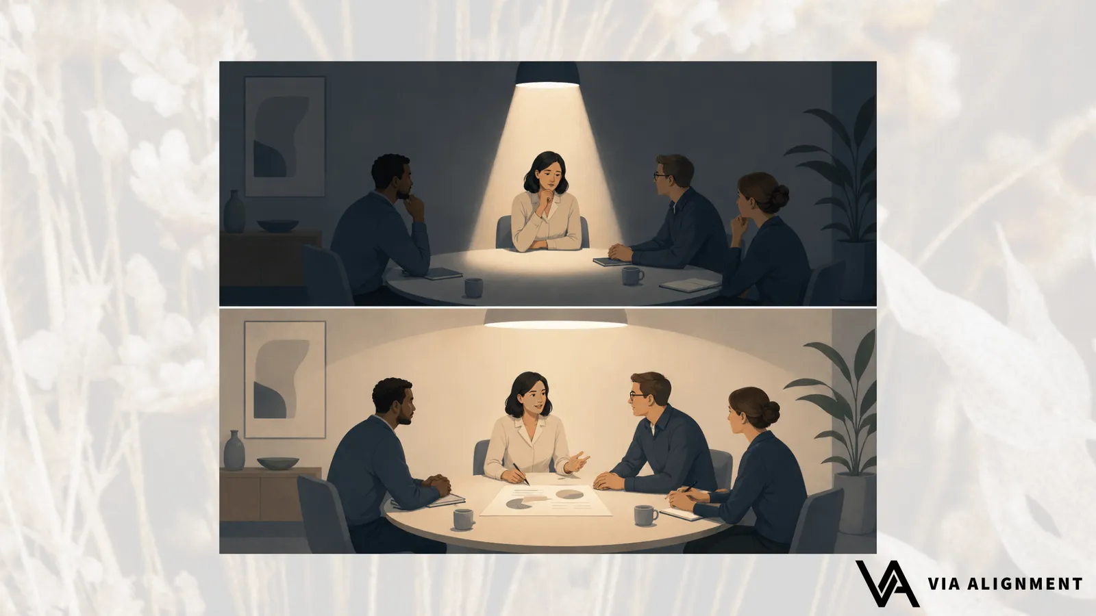 Two stacked scenes of the same woman at a meeting table with three colleagues: isolated under a narrow spotlight looking tense above, relaxed and engaged in warm even light below.