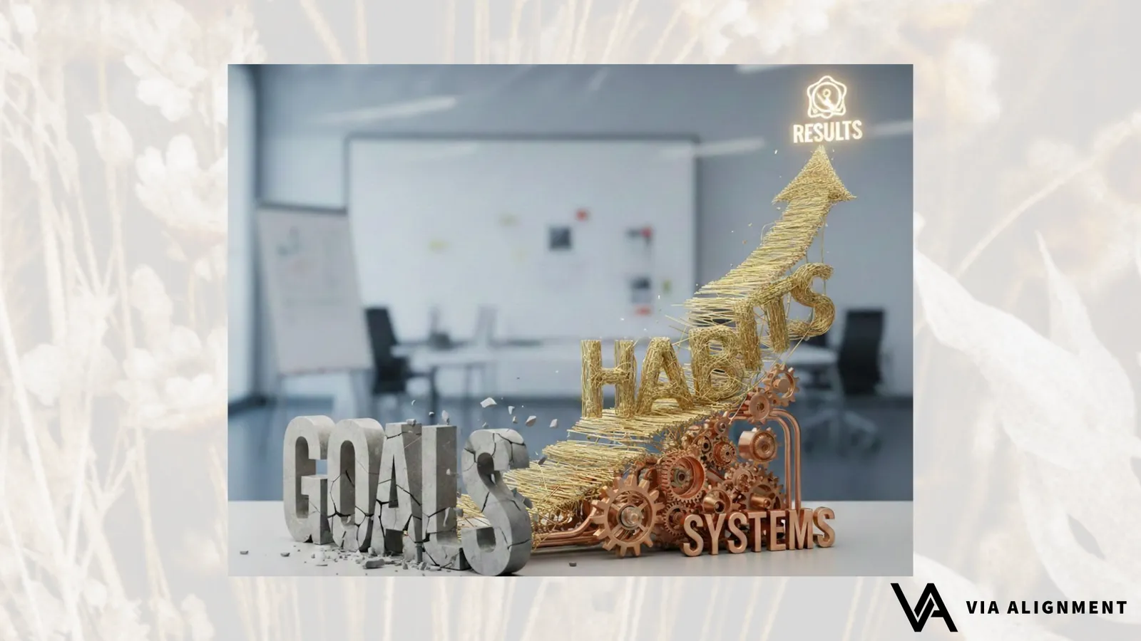 A 3D scene where cracking concrete letters spelling "GOALS" give way to golden thread letters spelling "HABITS" atop bronze gears labeled "SYSTEMS," rising toward a glowing "RESULTS" icon.