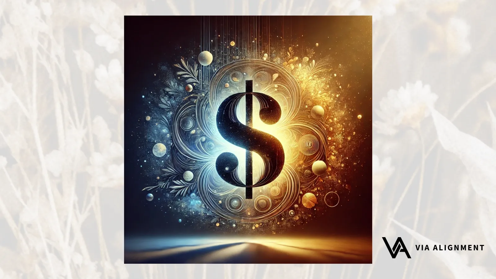 A glowing dollar sign at the center of ornamental silver-blue and gold swirling patterns dotted with floating spheres.