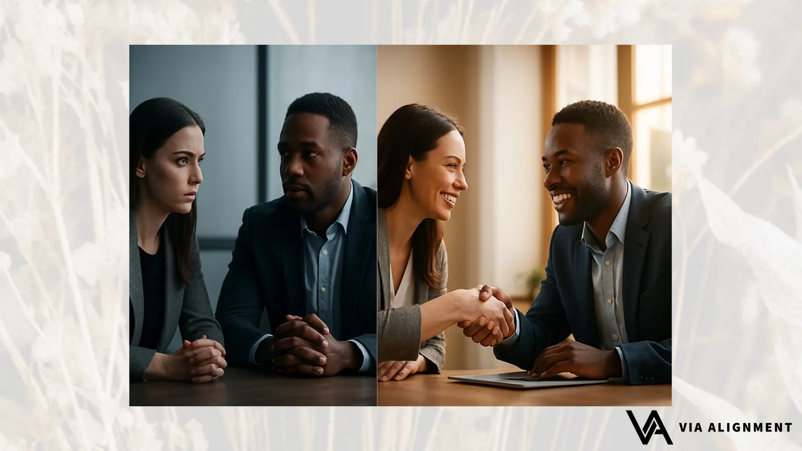 Two side-by-side photos of the same two colleagues: tense and unspeaking on the left, then smiling and shaking hands on the right.