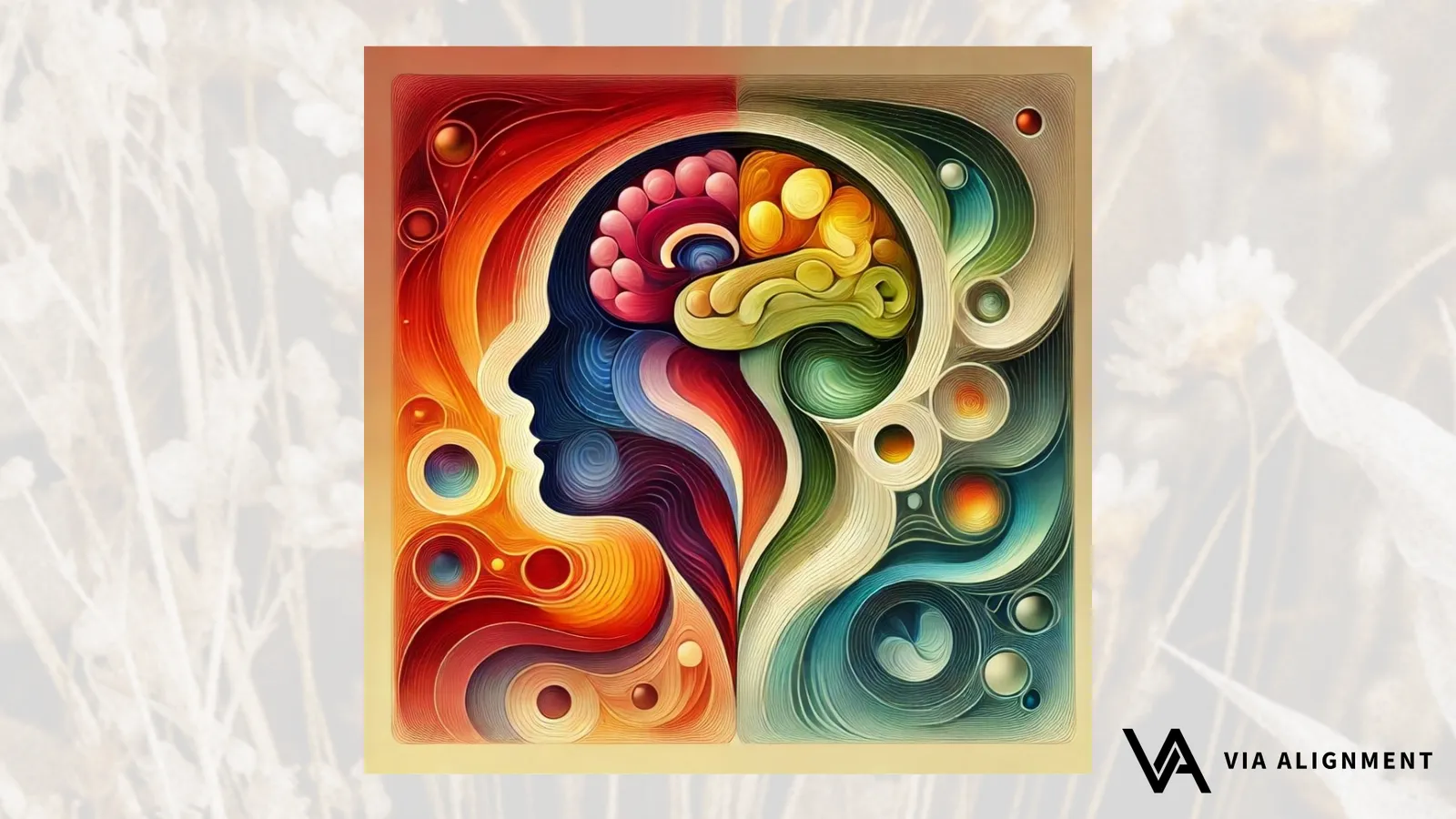 A side-profile head split into warm red-orange and cool green-teal halves, with a swirling brain rendered in pink and yellow quilled-paper style at the center.