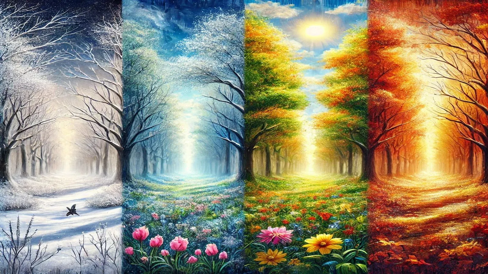 The same forest path painted four times side by side, showing winter snow, spring blossoms, summer greenery, and autumn foliage.