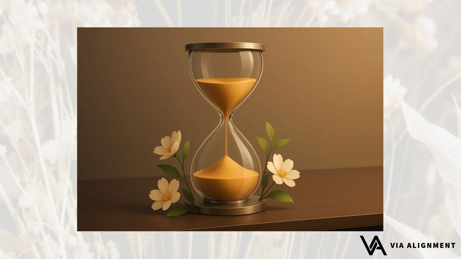 An hourglass with golden sand flowing through it, flanked by white flowers on a wooden table.