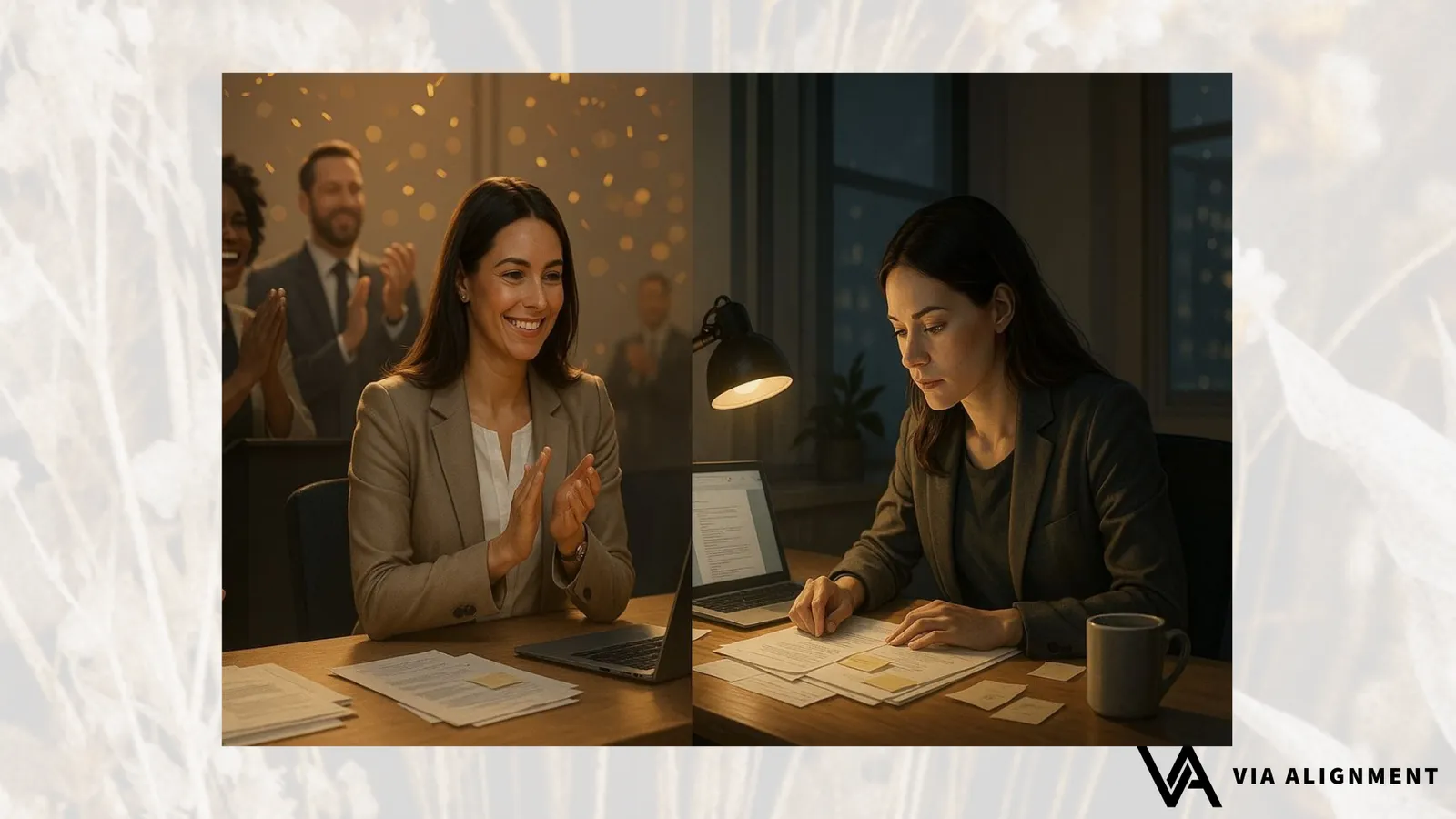 Two side-by-side photos of the same woman: applauded by colleagues in a celebratory moment on the left, and alone reviewing papers under a desk lamp at night on the right.