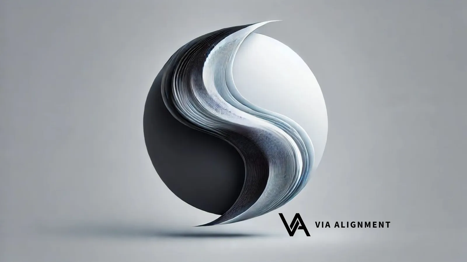 A yin-yang-like sphere formed from overlapping black and white ribbon layers curving around each other, next to the Via Alignment logo.