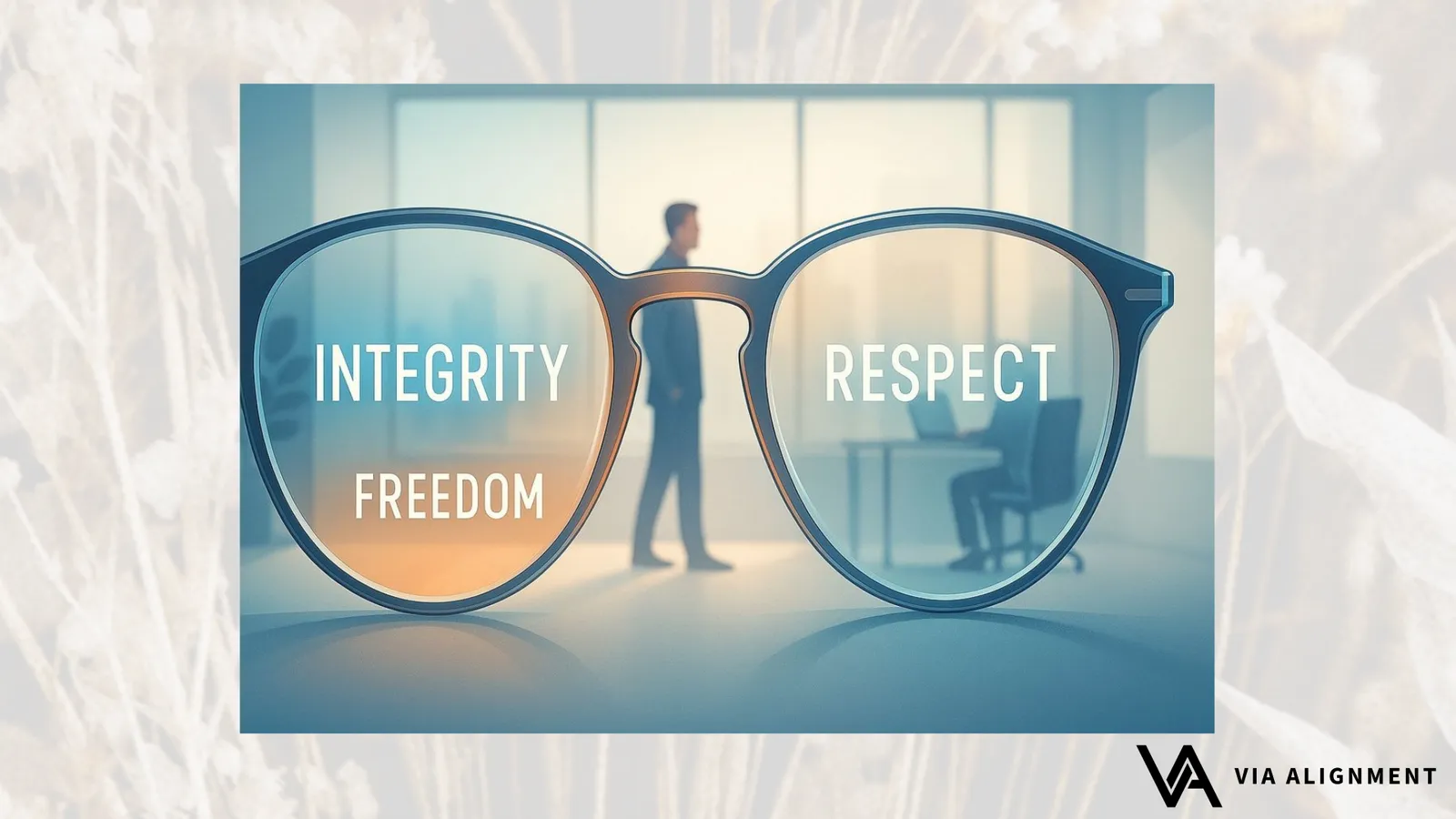 A pair of glasses reflecting the words "Integrity," "Freedom," and "Respect" on their lenses, with a blurred office scene and a walking figure visible through them.