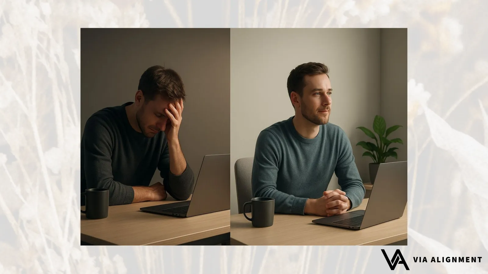 Two side-by-side photos of the same man at a laptop: first stressed with his head in his hand, then calm and smiling with hands clasped.