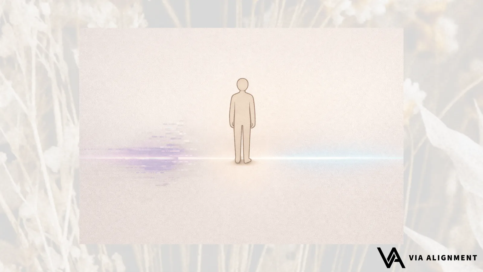 A minimal silhouette of a person standing where a faded, glitchy purple trail meets a bright, clean blue-white path.