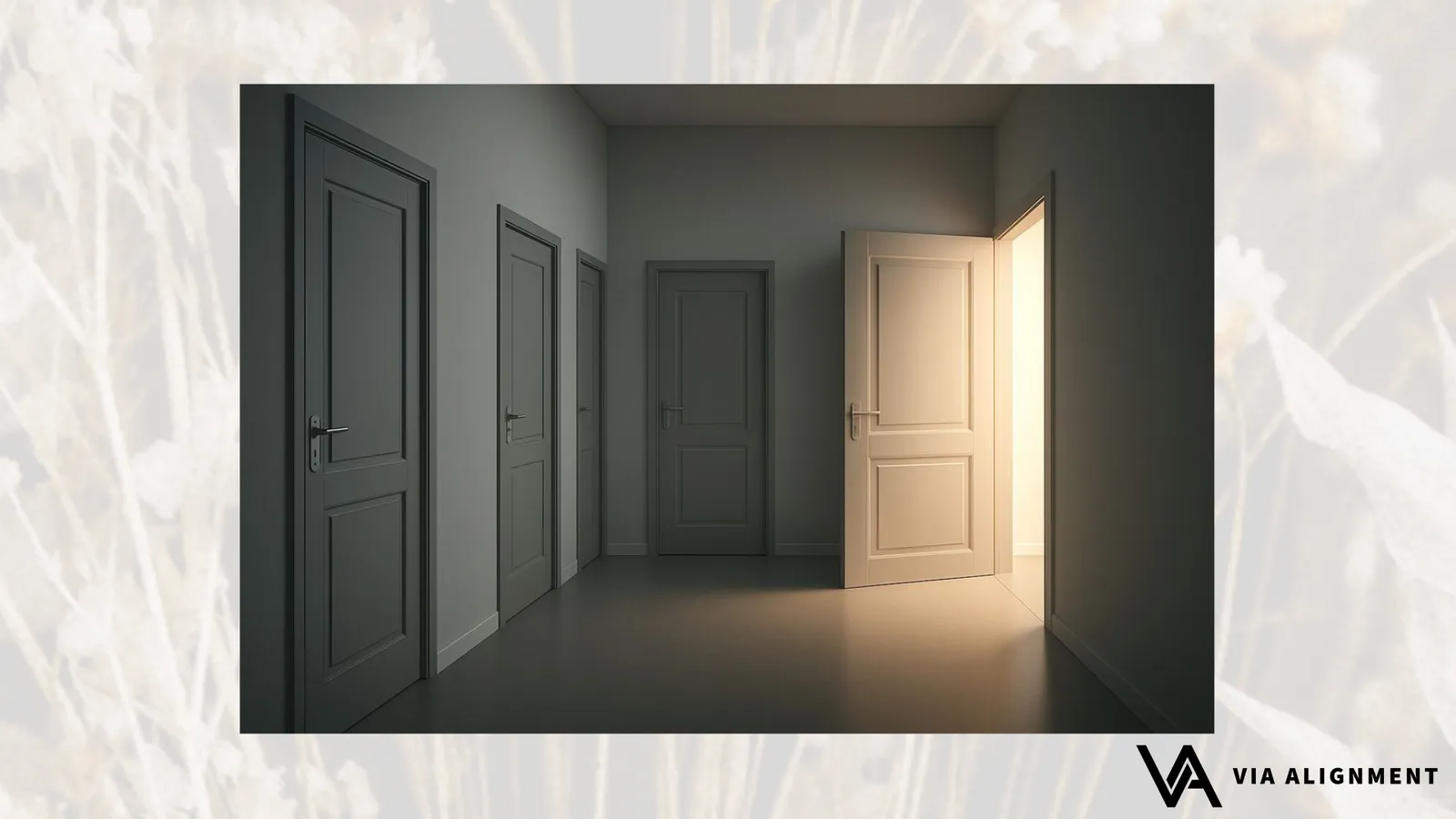 A hallway lined with closed dark doors leading to one open door glowing with warm light at the end.