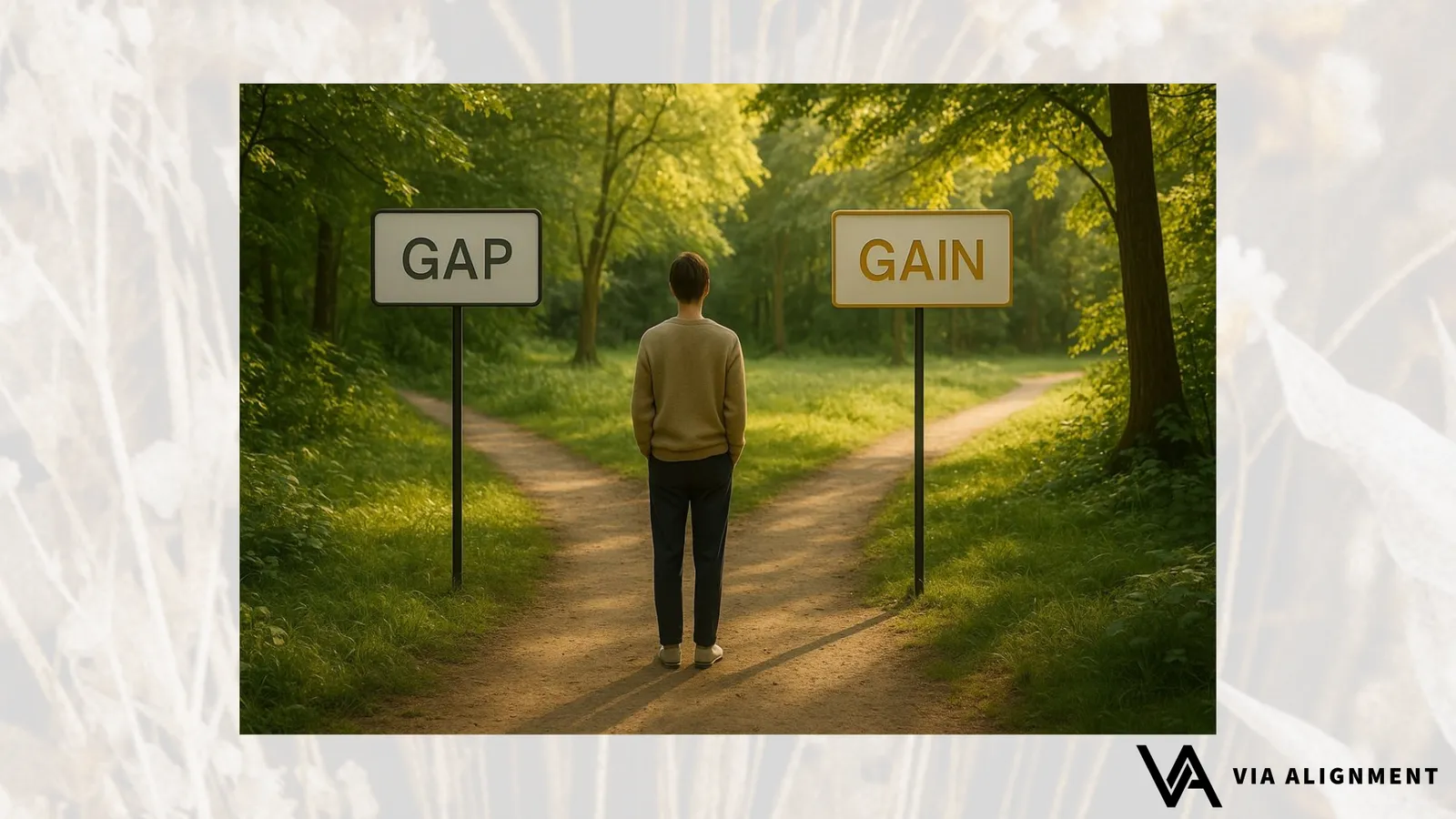 A person stands at a fork in a wooded path between two signs reading "GAP" and "GAIN."