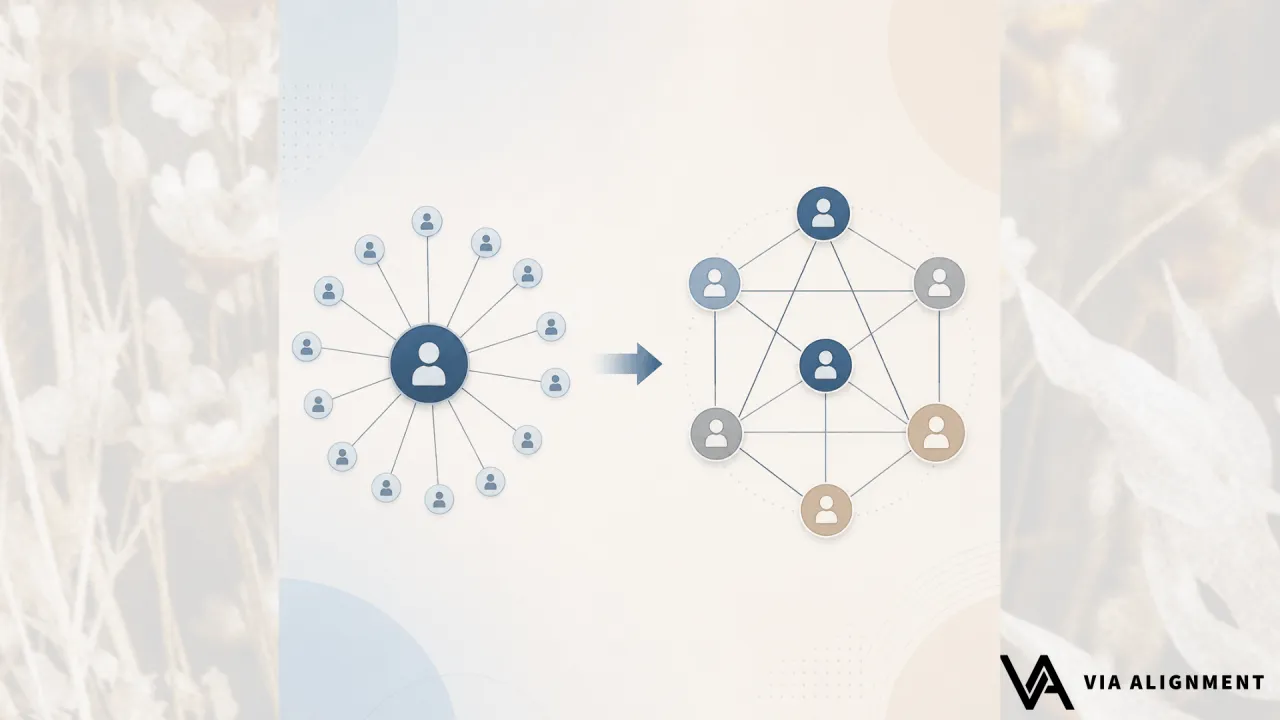 A diagram contrasting a hub-and-spoke network, where one central figure connects to every other, with an arrow pointing to a distributed network where all the figures connect to one another.
