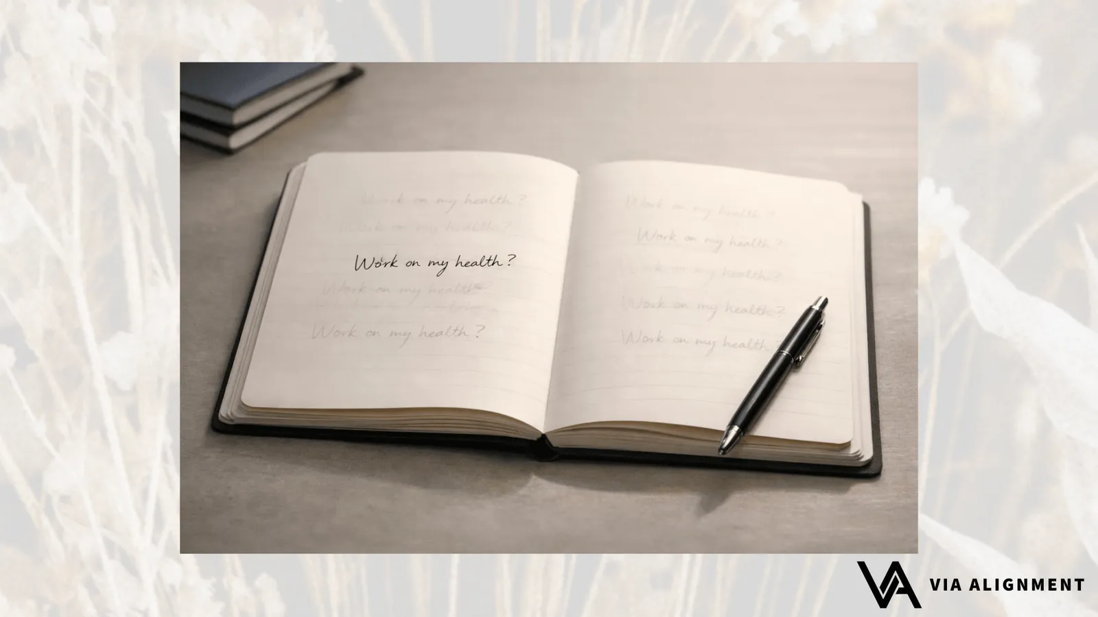 An open journal with the handwritten line "Work on my health?" repeated faintly down both pages, a pen resting across it.
