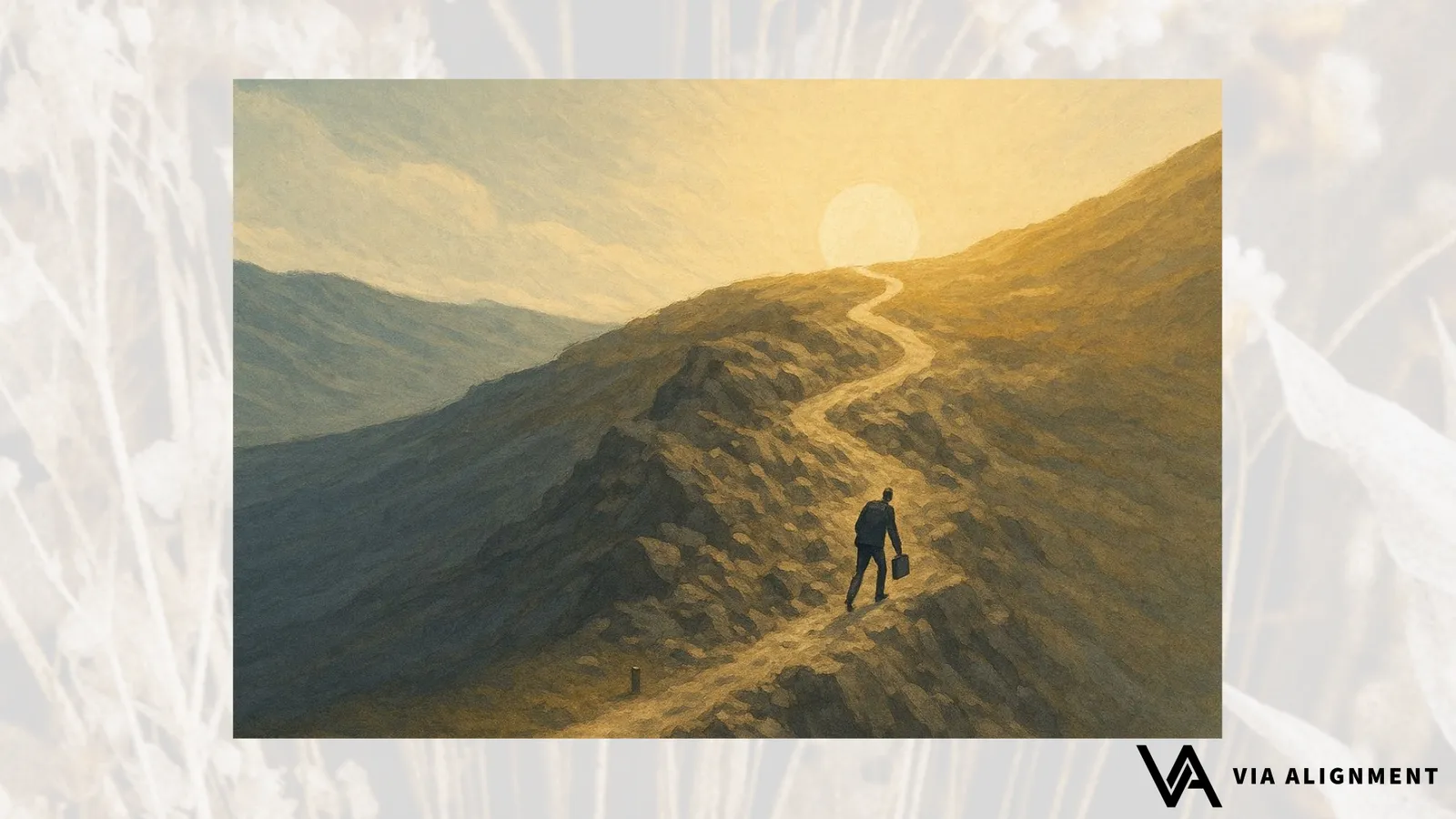 A man carrying a briefcase walks alone along a winding mountain path toward a glowing sun on the horizon, painted in warm ochre tones.