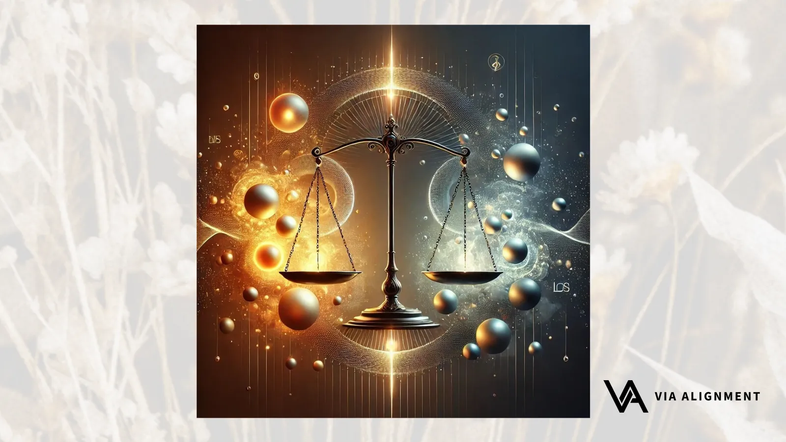 A pair of ornate balance scales glowing gold on one side and cool silver-blue on the other, surrounded by floating spheres of light.