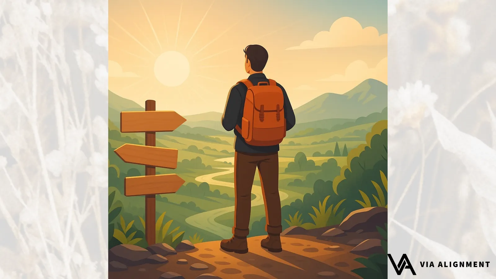 A hiker with an orange backpack stands at a three-way signpost, looking out over a sunlit valley with a winding river below.