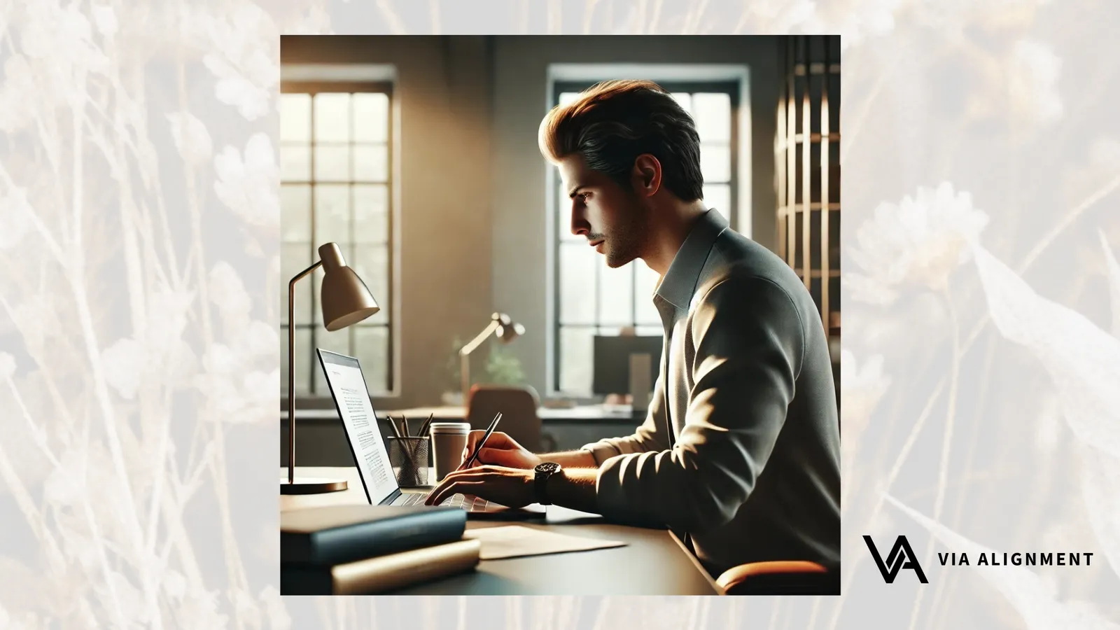 A man sits at a laptop in a sunlit office, pen in hand, focused on the screen with papers and a desk lamp beside him.