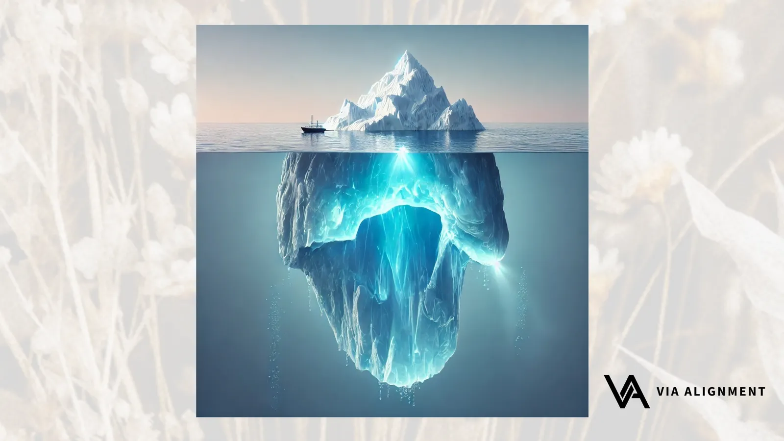 An iceberg with only a small peak visible above the waterline next to a boat, while a much larger glowing blue mass extends beneath the surface.