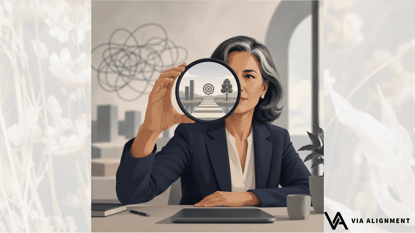 A woman holds a round magnifying glass to one eye, revealing a clear path toward a target, while a tangled scribble floats unfocused behind her.