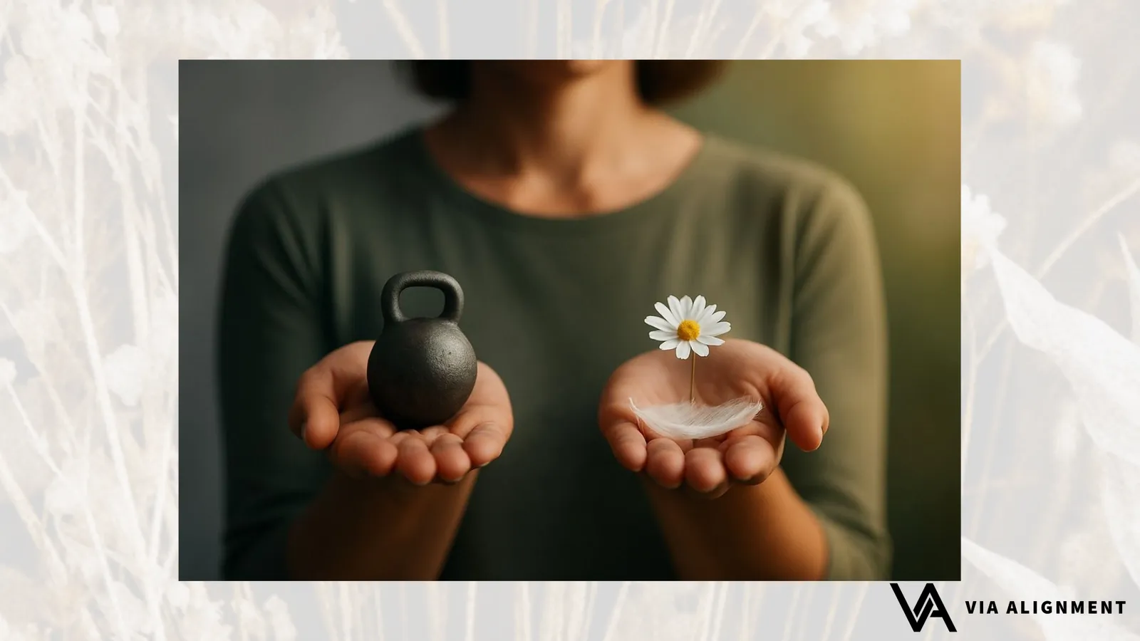 A pair of open hands, one holding a heavy black kettlebell, the other holding a light white daisy resting on a feather.