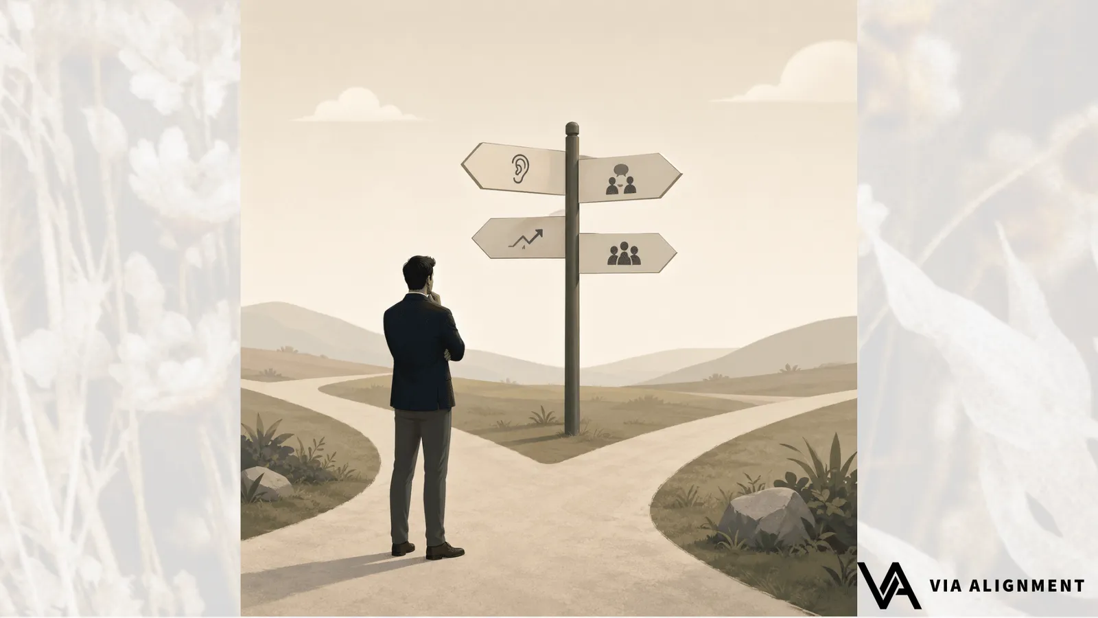 A man stands at a signpost with four arrows showing an ear, a rising arrow, and two people icons, where a path forks through hills.