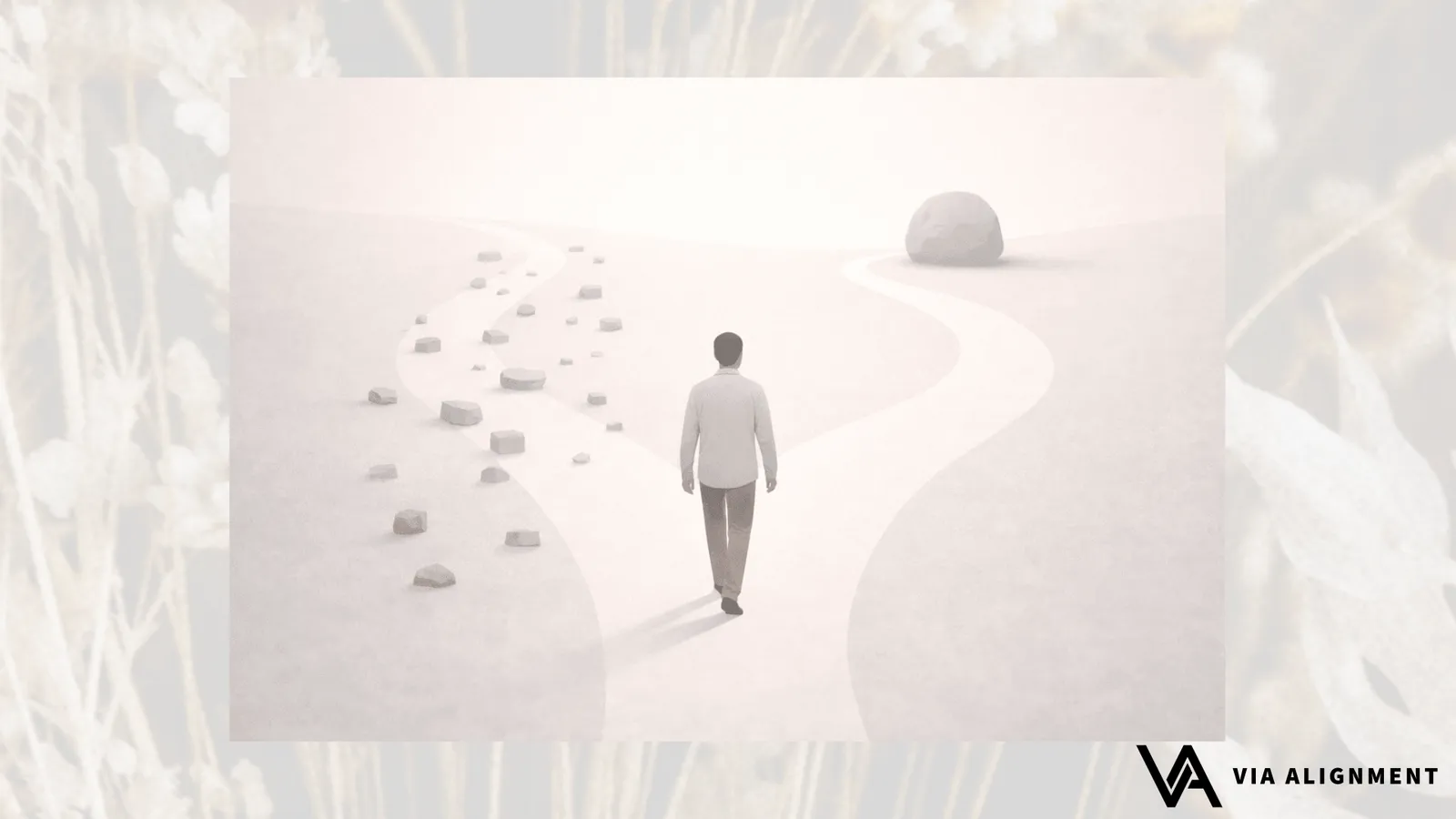 A man walks away from a rocky, stone-cluttered path toward a smoother winding path leading to a large boulder, in a muted monochrome scene.