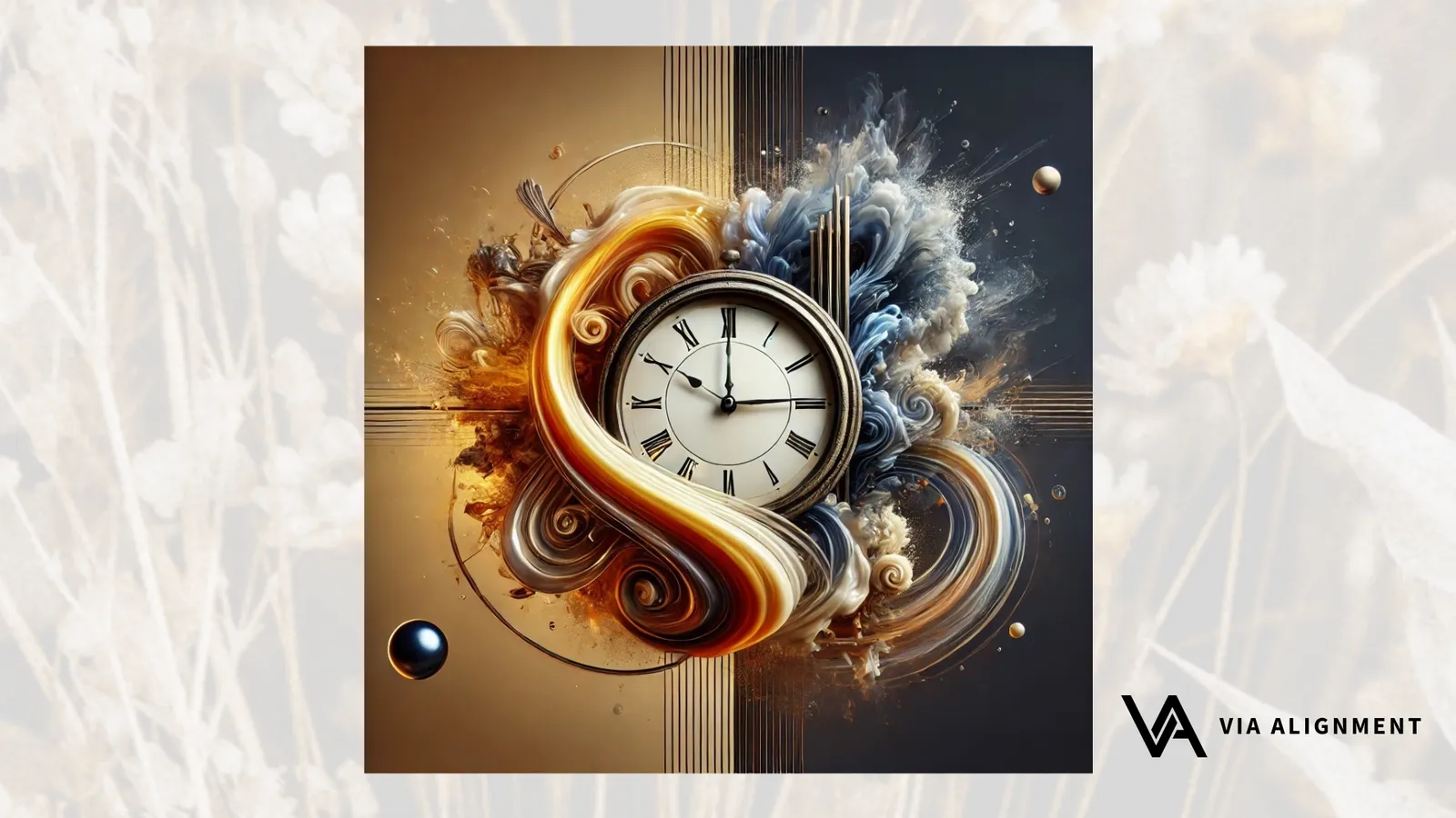 An antique clock face at the center of swirling gold and blue smoke-like ribbons split into warm and cool halves.