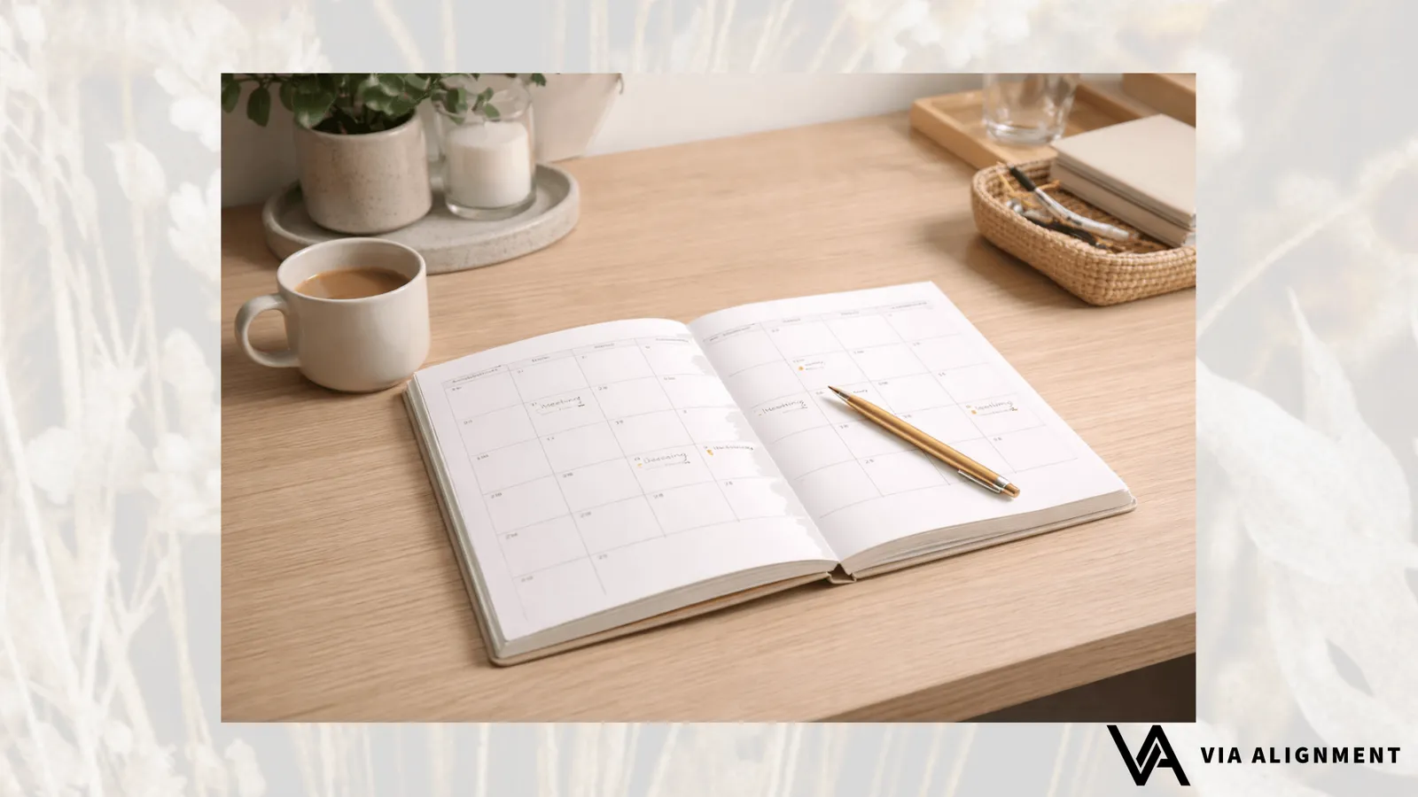 An open planner with a few sparse handwritten entries lies on a wooden desk beside a cup of coffee and a gold pen.