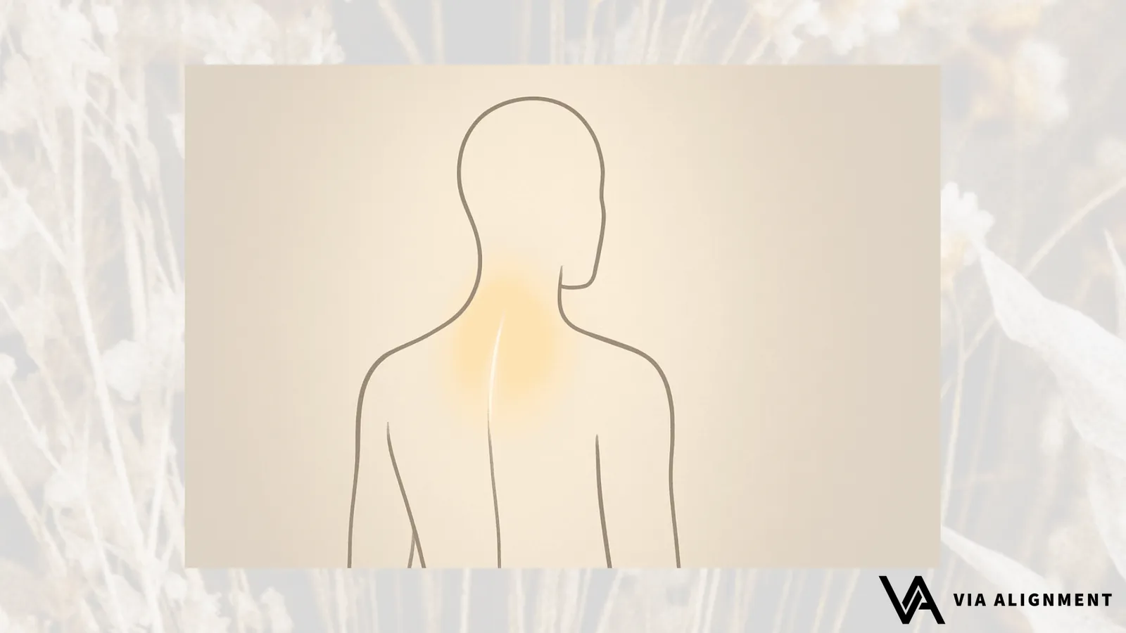 A minimal line drawing of a person's back and shoulders, with a warm glowing spot highlighted between the shoulder blades.