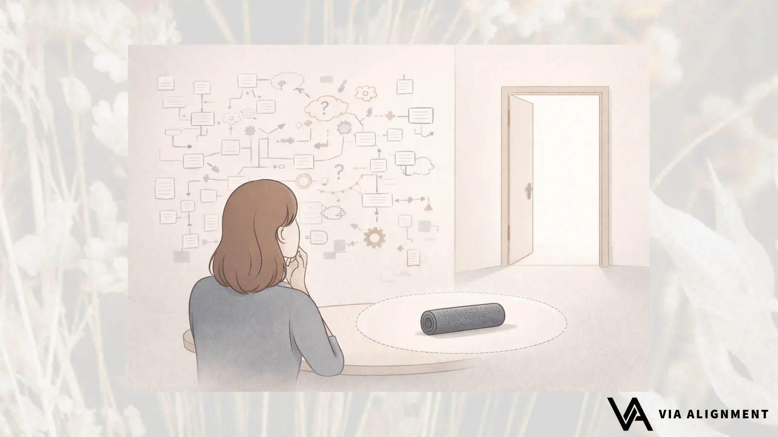 A woman at a table faces a wall covered in a tangled mind-map on one side and an open glowing doorway on the other, with a foam roller resting on the table between them.