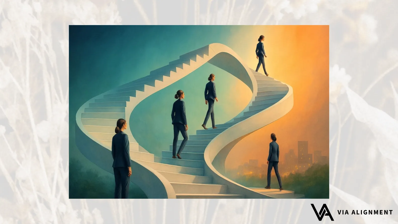 Five figures in business suits climb a winding staircase that loops back on itself, moving from cool blue-green tones toward a warm orange sky above a city skyline.