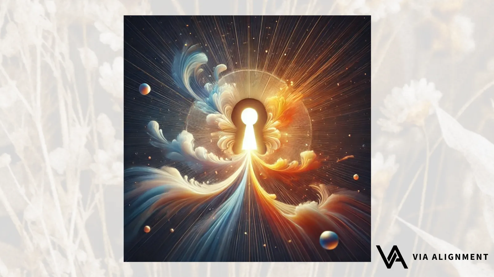 A glowing golden keyhole radiates light and feathery blue and orange wisps against a dark, star-flecked background.