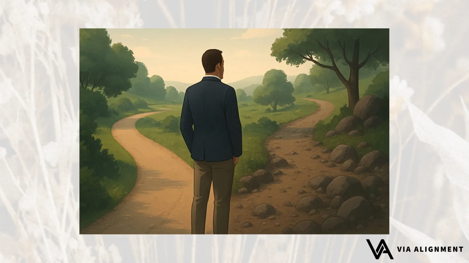 A man in a suit, seen from behind, stands at a fork in a path facing two winding trails through a green landscape.